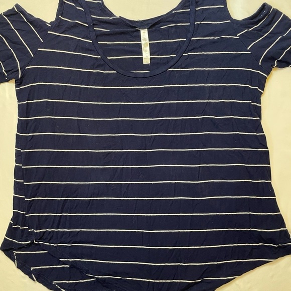 Love Charm size XL navy blue and whites striped open shoulder blouse - Picture 2 of 4